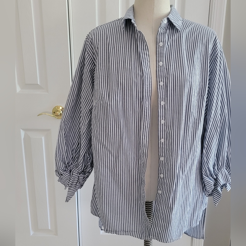 Eloquii blue and white pin striped high low button front blouse